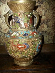 Antique Hand Painted "Champleve/Cloisonne" VASE Large Rare URN Bronze from JAPAN - Picture 1 of 10