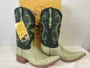 J TOE RODEO COWBOY BOOTS Men’s Sz 10 Exotic Leather Ostrich Green El General - Picture 1 of 7