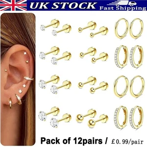12Pairs Hoop Earrings Hypoallergenic Stainless Steel Small Huggie Earrings Women - Picture 1 of 11
