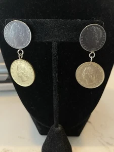 Milor Italy Lira Coin Sterling Silver Gold Vermeil Dangle Pierced Earrings - Picture 1 of 8