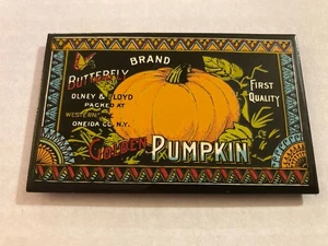 Vintage Kühlschrankmagnet Schmetterling Marke Goldener Kürbis, Werbung, Halloween - Bild 1 von 4