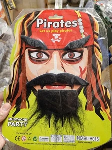 1x Set Of Black Pirate Beard Moustache & Eyebrows For Adults Or Children Stickon - Picture 1 of 2