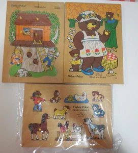 3 Vintage 70's Fisher Price Wooden Puzzles #518 Treehouse Bears & Farm Animals - Picture 1 of 4