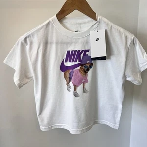 NWT The Nike Tee Girl's size Small loose fit White Bougie Dog T-shirt - Picture 1 of 7