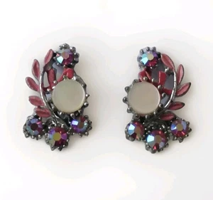 Vintage 50er Jahre Ohrringe Kalt Emaille Aurora Borealis Duroplast rosa Blume Clip On - Bild 1 von 15