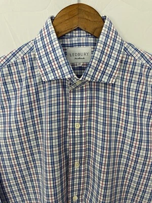 LEDBURY 精美衬衫蓝色粉红色白色格子纽扣正装衬衫男式 16.5 码 — 第 1/4 张图片