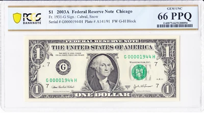 2003A $1 Federal Reserve Note Fr. 1931-G - PCGS 66 PPQ - Rare Low Serial - Image 1 of 2