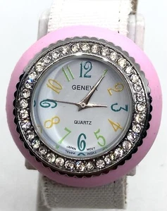 GENEVA Watch New Battery LARGE PINK Fun Iced Dial Interchangeable White Canvas - Picture 1 of 6