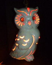 Vtg 70s HUGE Ceramic Owl Swag Lamp Iridescent White W/ Orange Gravel Accents