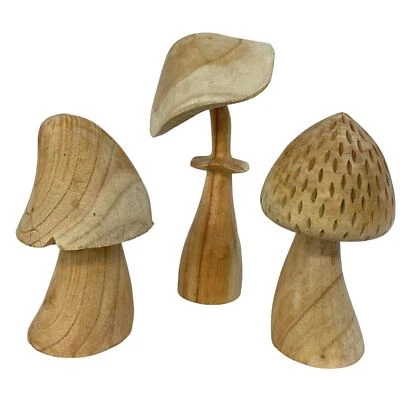Forest Mushrooms Statue Set of 3 Hand Carved Wood Bali Folk Art Boho Decor - Image 1 of 4