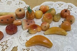 Vtg  Marble Miniature Carved Fruit Alabaster 22 Pieces Pears Watermelon
