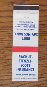 BURT, IOWA MATCHBOOK COVER: INSURANCE AGENCY & SAVINGS BANK EMPTY MATCHCOVER -A - Picture 1 of 1
