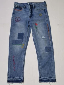 Gap Jeans Size 10 Girls Embroidery Distressed Slim Ankle Denim Peace Flowers Blu - Picture 1 of 8
