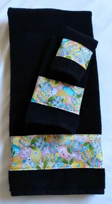 Easter Bathroom Decor Towel Egg Daisy Flower Black Yellow Blue Glitter 3 Pc Set - Image 1 of 4
