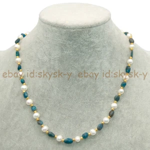 Natural 8-10mm Irregular Blue Apatite Beads 7-8mm White Pearl Necklace 14-100'' - Picture 1 of 17