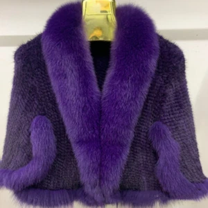 100% Real Mink Fur Knit Cloak Fox Fur Collar Coat Poncho Wraps Fashion Cape - Picture 1 of 30