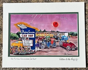 Flying Saucer Car Hop Art Print Worcester MA diner restaurant UFO 50's cars rods - Picture 1 of 2