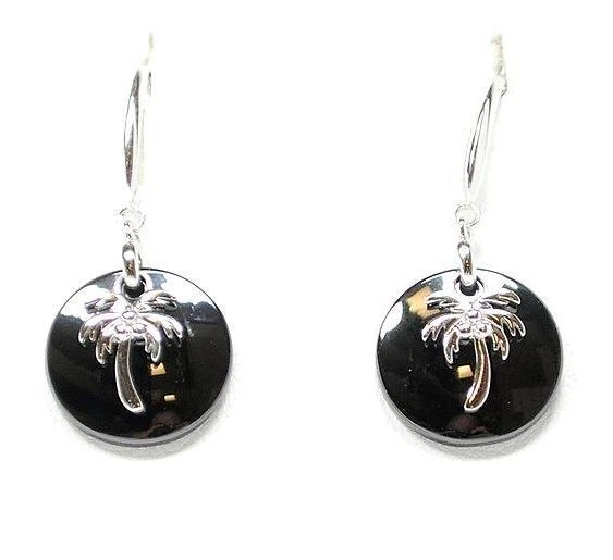 ROUND DISC BLACK CERAMIC RHODIUM 925 SILVER HAWAIIAN PALM TREE HOOK EARRINGS Foto 1 de 1
