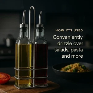 Olivenöl & Essig Spender Set 500ml Glasflaschen mit Ausgießer & Metallgestell - Bild 1 von 6