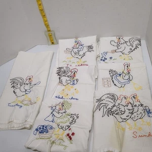 Vtg Days Of The Week Embroidered Chicken Tea Towels Complete Set Stains See Pics - Picture 1 of 20