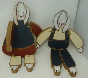 *** Lot 2 Jointed Wood Bunny Rabbit Mr and Mrs 14"  Wall Hanging Decor - Picture 1 of 4