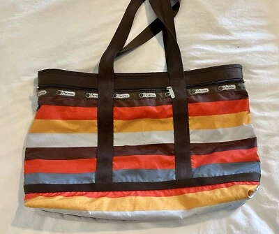 LeSportsac Large Tote Bag Multi Colored Stripes Le Sport Sac Vintage Orange Fall - Image 1 of 4