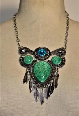 Nwt Color Argento Finto Verde Turchese Trasparente Strass Pendente Ovale Su 18 " - Immagine 1 di 3