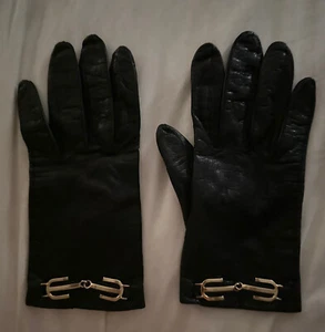 French Leather Gloves Black Ladies 7 Made in France Metal buckle - Picture 1 of 2