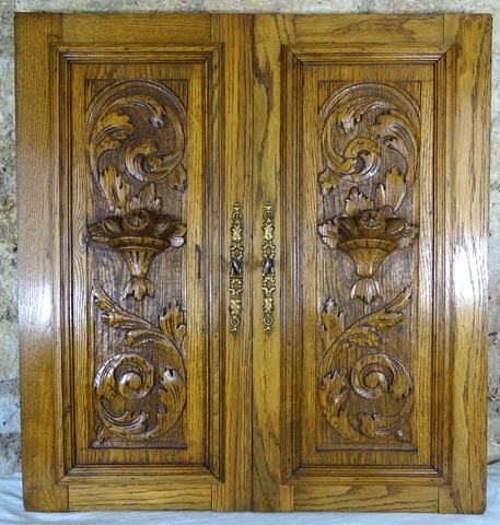 Antique French Pair Carved Wood Doors Wall Panels Solid Oak Salvage Cover