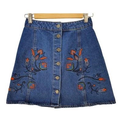 Pull &Bear women's denim embroidered mini skirt button front boho Size S - Image 1 of 4