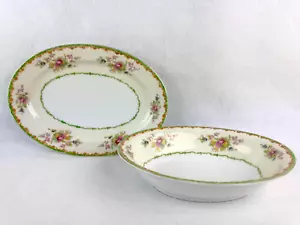 Vintage Kikusui China Japan Lot of 2 Oval Platter & Bowl Floral with Scroll - Picture 1 of 11