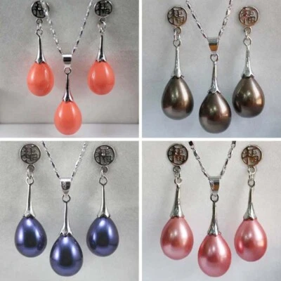 2pcs Set Fashion Women Water Drop Shell Pearl Pendant Necklace Earrings Jewelry - Image 1 of 4