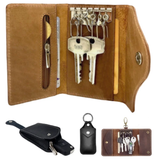 key Cases pouch bag ID card wallet purse rings holder pocket cowhide Leather MY1 - Image 1 of 2