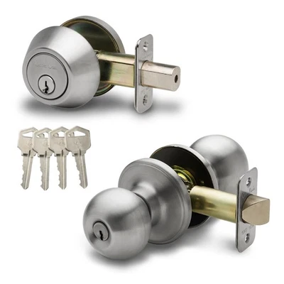 Perilla de puerta de bola BKDB141SS con llave similar con combinación de cerrojo, acero inoxidable satinado Foto 1 de 4