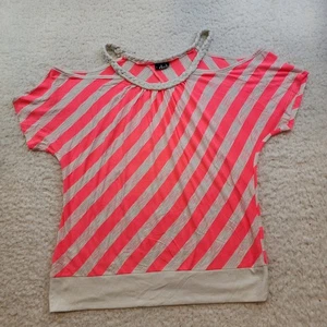 Deb Y2K 90s 2000s Dolman Cold Shoulder Sleeves M Pink White Stripes Braided - Picture 1 of 8
