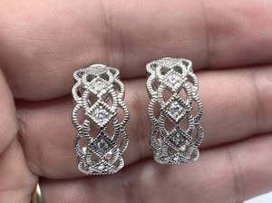 925 ADI Sterling Silver Rhodium Plated CZ Cluster Omega back Earrings - Picture 1 of 6