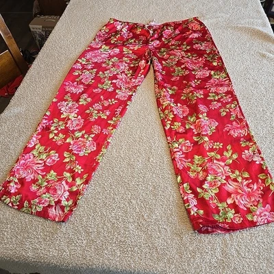 Розовый бренд атласный цветочный пижамы брюки низ красный женщин Sz L шнурка талии  - Изображение 1 из 4