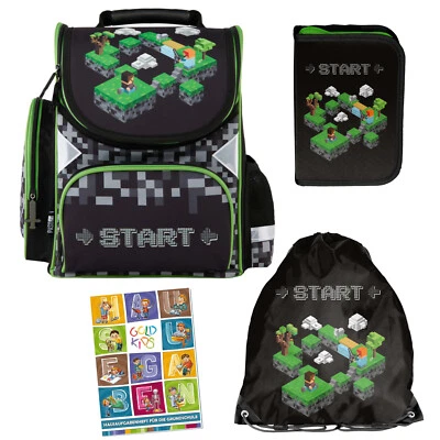 GOLDKIDS Schulranzen 4er-Set-Schul-Rucksack für Kinder mit Federmäppchen 1-3 Klasse-GAME