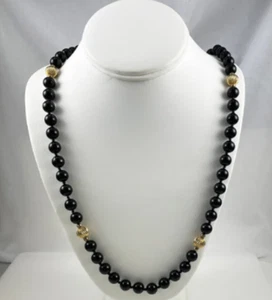 Black Onyx Necklace 24" Smooth Beads w/ 14kt GF Clasp & Beads - 8mm - 10-1 Ratio - Picture 1 of 15