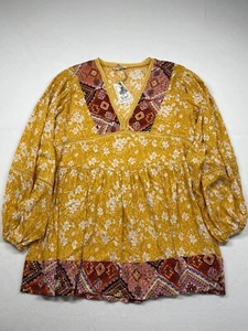 Top túnica boho caballete mujer talla pequeña amarillo floral crochet encaje talla grande - Imagen 1 de 14