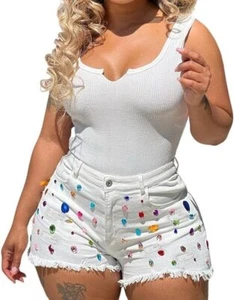 Women's Sexy High Waist Colorful Rhinestone Frayed Raw Hem Hot Denim Shorts - Picture 1 of 24