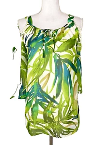Chico's Cold Shoulder Blouse size 4 6 0 Green Blue Sheer Garden Lace Beach Boho - Picture 1 of 11