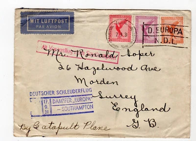 1931 Germany Seapost, Europa Bremen - Germany to Surrey UK - By Catapult Plane - Image 1 of 2