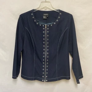 Ashro Womens 16 Blue Denim Full Zip Eyelet Embellished Light Jacket Collarless - Picture 1 of 3