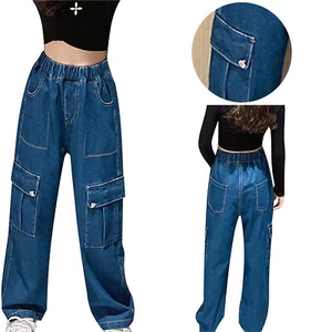 Girls Jeans Cargo Trousers Wide-Leg Denim Pants Birthday Dancewear Holiday Kids - Picture 1 of 22