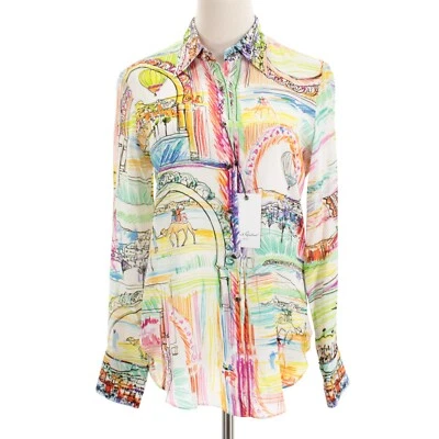 Top Robert Graham Nuevo con Etiquetas Gabriela Abotonada Talla XS Blanco/Mezcla Multi Seda Foto 1 de 4