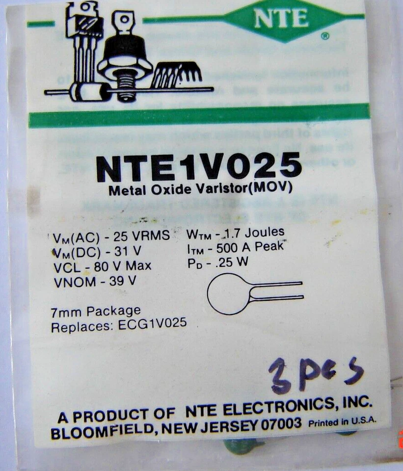 3 pcs New NTE1V025 Metal Oxide Varistor (MOV) VMAC=25VRMS, VCL=80V Max, 7mm Disk - Image 1 of 2