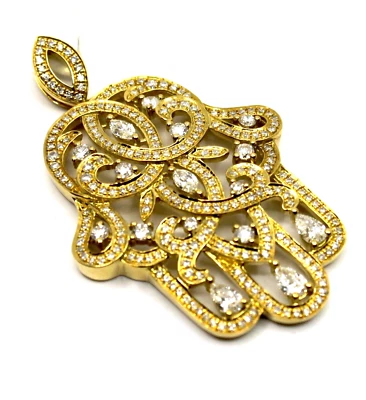 Colgante grande de diamantes Hamsa en oro amarillo macizo de 18 k (1,53 quilates) t.w.) Foto 1 de 4