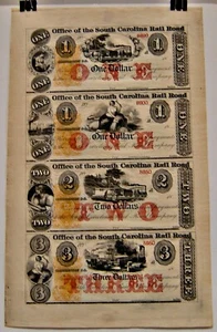 Uncut Obsolete Currency Sheet: $1,1,2,3 Office Of The South Carolina Rail Road - Picture 1 of 1