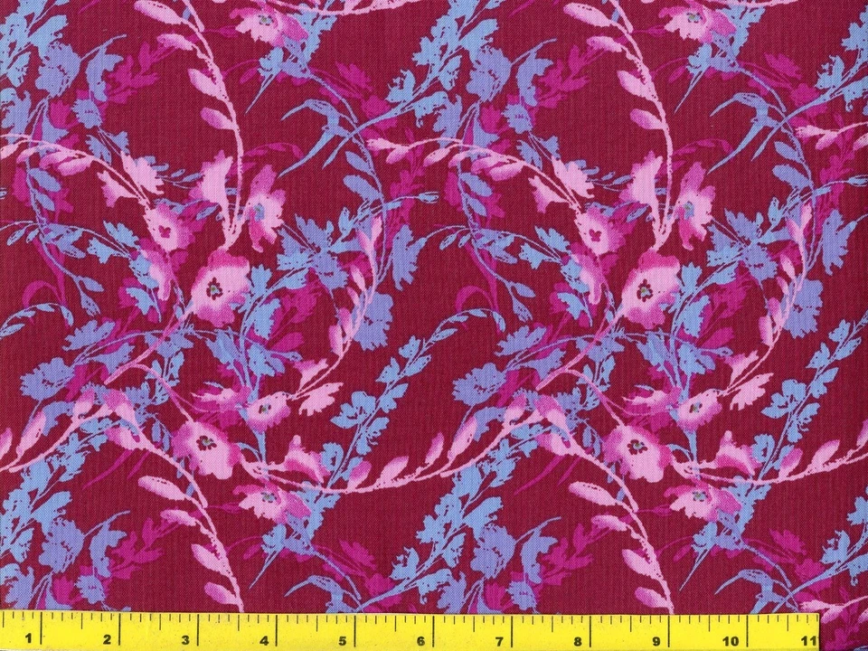 Pink & Burgundy Flowers  w/ Blue Leaves on Burgundy Quilting Fabric by Yard #932 - Image 1 of 1